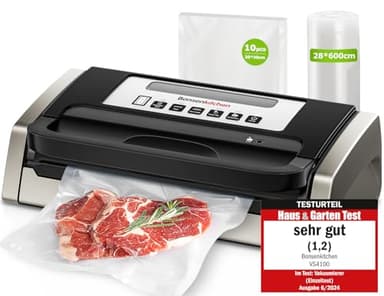 Bonsenkitchen Envasadora al Vacío, Potente y Silencioso, Tecnología Globefish para Trabajo Continuo, Diseño con Mango Bloqueado, Cortador Integrado, Negro