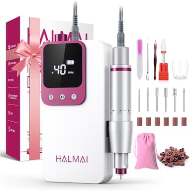 Taladro Eléctrico para Uñas Profesional HALMAI, Kit de Lima Portátil Inalámbrica para Uñas Acrílicas y de Gel, Máquina Recargable de Alta Potencia 40000 RPM para Salón - Modelo HMC320 (Blanco)
