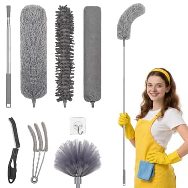 Apasiri Kit Plumero Microfibra con Poste Extensible - 8 Piezas, Lavable y Cabezales Flexibles, para Ventiladores de Techo, Persianas, Interior Coche, Muebles, Limpieza Altura