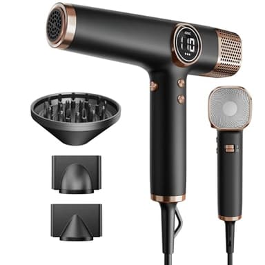 Faszin Secador de Pelo Profesional y Ligero con Motor de 110,000 RPM, Secado Rápido, 200 Millones de Iones, Bajo Ruido, Pantalla LED y 3 Boquillas Magnéticas, Ideal para el Hogar y el Salón