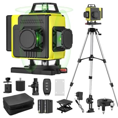 Nivel láser autonivelante 360° X 4, láser de construcción 4D con 16 líneas láser, modo de pulso para exteriores, 2 baterías, autonivelación, soporte rotativo, control remoto.（Con Tripode）