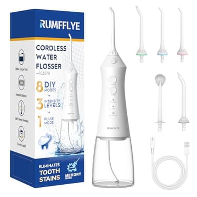 RUMFFLYE Irrigador Dental Portátil Irrigador Bucal Inalámbrico Profesional Water Flosser 12 Modos 5 Boquillas Irrigador eléctrico oral IPX7 Impermeable 300ML Recargable Para Casa y de Viaje(Blanco)