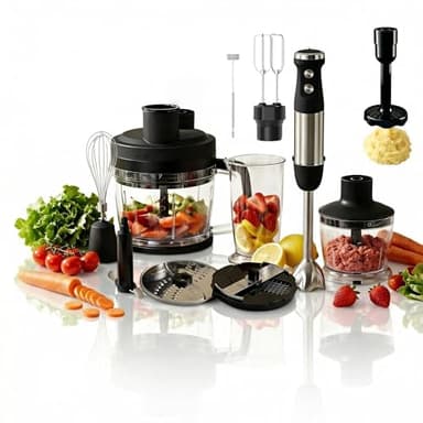 ELECVIVA batidora de mano 9 en 1 1500W, Picadora 2L + batidor, gancho, picadora carne, triturador patatas, discos corte (dados, rodajas, rallar), espumador leche (Plata)
