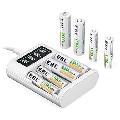 EBL 4 Ranuras Cargador Inteligente de Pilas AA AAA Recargables Ni-MH, 4 x 2800mAh Pilas AA, 4 x 1100mAh Pilas AAA, Puerto Micro USB/Tipo C