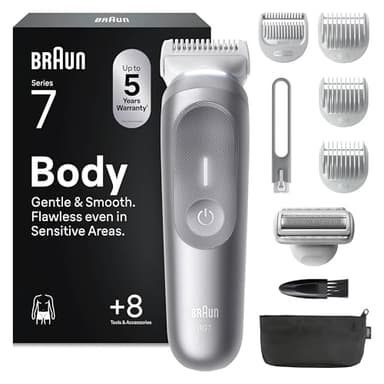 Braun Recortadora Corporal Hombre Series 7 BG7555, Gris - Afeitadora Corporal Masculina para Pieles Sensibles, +8 Accesorios de Rasurado, 100 Min de Autonomía, Recorta & Afeita, Resistente al Agua