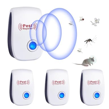 Repelente Ultrasónico de Plagas, 4 Pack Electrónico Repelente Mosquitos Control de Plagas, Repelente Ultrasónico Ratas para Anti Mosquitos, Moscas, Ratones, Cucarachas, Arañas, Roedores