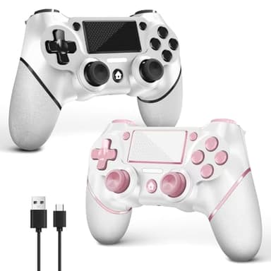 AceGamer 2 Pack Mando Inalámbrico para PS4，Mando de Juego para PS4/Pro/Slim/PC，Gamepad Joystick con Turbo/Botón Trasero/Doble Vibración/6-Axis Sensor Giroscópico (Rosa y Blanco)