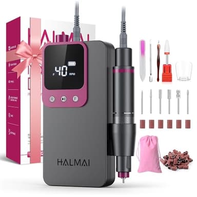 Taladro Eléctrico para Uñas Profesional HALMAI, Kit de Lima Portátil Inalámbrica para Uñas Acrílicas y de Gel, Máquina Recargable de Alta Potencia 40000 RPM para Salón - Modelo HMC320 (Gris Oscuro)