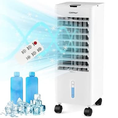 COSTWAY 4 en 1 Climatizador Evaporativo, 60W Enfriador de Aire Portatil, Ventilador con 3 Velocidades, Humidificador, 4 Acumuladores de Frío,12H Temporizador, 2,8L Tanque de agua