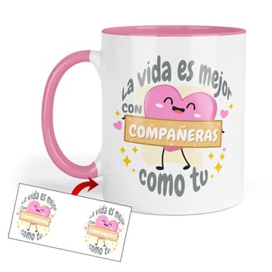 Kembilove Taza “La Vida es Mejor con Compañeras Como Tú” | Regalo Bonito y Tierno para Mujeres en el Trabajo | Diseño con Corazón Rosa | 330ml Apta para Microondas y Lavavajillas