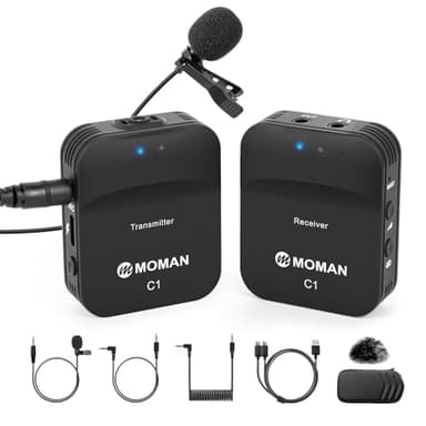 Moman Micrófono Solapa Inálambrico, C1 2.4GHz Micro Corbata Wireless Profesional para DSLR Cámara, Móvil, Videocámara, Laptop y Tablet, Compatible para Canon, Sony, Nikon, Panasonic