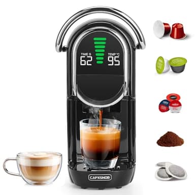 Magician1 Mini 5en1 Cafetera Cápsulas para Nespresso Original, Dolce Gusto, Lavazza A Modo Mio, ESE 44 y Café Molido, 20 Bares, 1450W, Pantalla LED, Máquina de Café Expreso Caliente o Frío