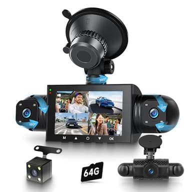 360° 4 Canales Dashcam para Coche, 4 1080P Delantera y Trasera Izquierda Derecha, Dash CAM de 3 Pulgadas 1080P con Visión Nocturna IR/Vídeo en Bucle/24H Monitor/G-Sensor de Aparcamiento 64 GB Tarjeta