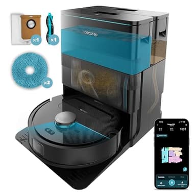 Cecotec Robot Aspirador y Friegasuelos con Base de Autovaciado y App Conga X50 X-Treme. Navegación Láser, Mapeo Interactivo, 15000Pa, Autonomía 240mins, Mopas Elevables, Base con 3 Depósitos