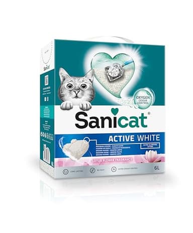 Sanicat - Arena Aglomerante Active White con Flor de Loto, Hecha de minerales naturales con control de olor garantizado, Absorbe la humedad y facilita la limpieza, 6 L de capacidad
