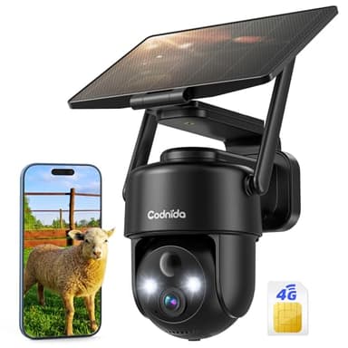 Codnida 4G LTE Cámara Vigilancia con Placa Solar, 2K Cámara Exterior Solar con Tarjeta Sim, 355° PTZ Camera sin Cable, Detección de Movimiento PIR, Audio Bidireccional, Visión Nocturna en Color, IP66