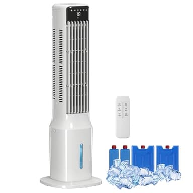 HOMCOM Climatizador Evaporativo de Torre 3 en 1, Enfriador de Aire Portátil con Depósito de 9 L, Oscilación 48°, 3 Velocidades, 3 Modos, Temporizador 24h y Mando a Distancia, 4 Acumuladores de Frío