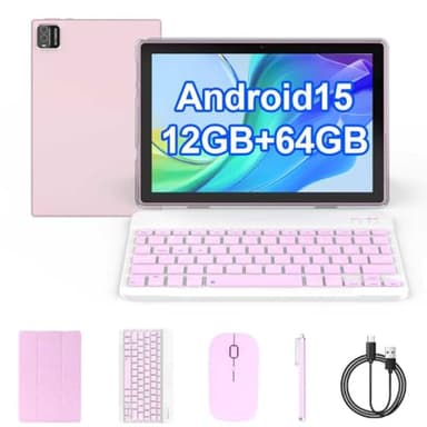 Tableta Android 15, tabletas 2 en 1 de 10 pulgadas con teclado y mouse, lápiz capacitivo de 12 GB + 64 GB + 1 TB de expansión, cámara de 8 MP, CPU de cuatro núcleos de 1.8 GHz, computadora de pantalla