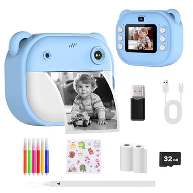 Bizcasa Camara Fotos Infantil Instantanea, Cámara instantánea con Tarjeta de 32G Bolígrafos de Colores y Papel de Impresión, Modo Selfie y Video, Regalo para Niños de 3 a 14 años (Azul)