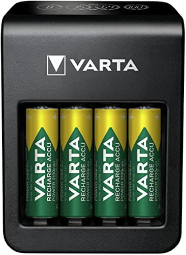 VARTA Cargador de Pilas, incl. 4X AA 2100mAh, cargador para pilas AA/AAA/9V recargables y dispositivos USB, LCD Plug Charger+, carga a ranura única
