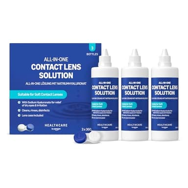 Healthcare by Amazon Solución única con hialuronato sódico para lentes de contacto blandas, 3 x 360ml, (anteriormente Amazon Basic Care, el embalaje puede variar)