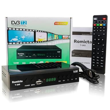 Romicta Decodificador TDT HD, DVB-T2/C H.265 HEVC FTA Full HD PVR, USB, HDMI, SCART, sintonizador de TV Digital terrestre, TDT para TV Antigua de Alta definición, Mando a Distancia Universal 2 en 1