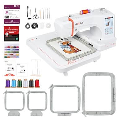 PooLin EOC06 - Máquina de bordar, pantalla táctil, bordador digital, letras y patrones, máquina embroidery, para personalizar camisetas, polos, chaquetas, camisas, bolsos, toallas y más
