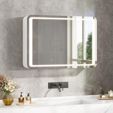 FORABAMB Armario Espejo Baño con Luz, Espejo Baño 80x15x60 cm con Estantes Ajustables y Enchufe, Armario Baño con Espejo de Alta Definición, Botón Táctil, Tres Temperaturas de Color Ajustables, Blanco