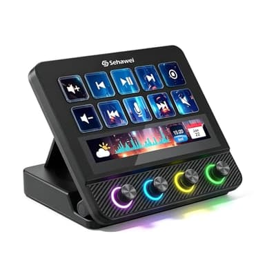 Sehawei Stream Controller Deck,Controlador de estudio,10 teclas macro,4 Customized knobs,Touch screen,activa acciones en apps y software como OBS, Twitch, YouTube y otros, funciona en Mac y PC