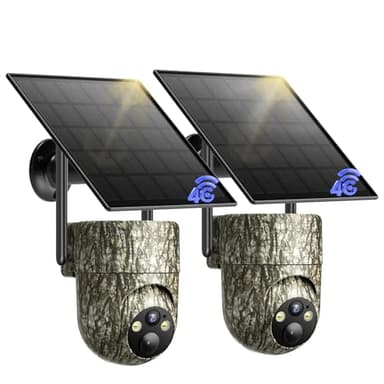 NUASI 4G LTE Camara Vigilancia Exterior Solar con Tarjeta SIM (2 Unidad), 2K Camara Fototrampeo SIM sin WiF con Detección Humana PIR, Visión Nocturna, IP66 Impermeable, PTZ 360°, Audio de Dos Vías