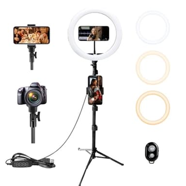 RUKK Aro de Luz con Trípode Extensible 160cm - Anillo de Luz LED 10” para Móvil (3 Modos, 10 Brillos) con Control Remoto Bluetooth - Ring Light Profesional para TikTok, Maquillaje y Youtube