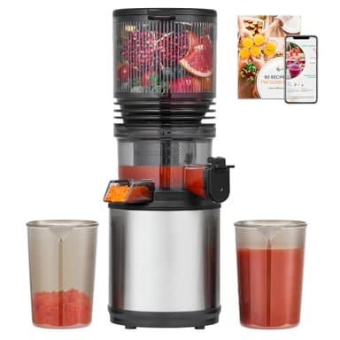 AMZCHEF Licuadora Prensado en Frío 160mm Boca Ancha, Slow Juicer, Extractor de Zumo para Fruta Entera, Capacidad 2L, Bajo Nivel de Ruido, Fácil Limpieza, Acero Inoxidable