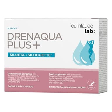 Cumlaude Lab - Drenaqua Plus+ Complemento Alimenticio, Drenaje Retención Líquidos, con Té Verde Hibisco Prebiótico Cardo Mariano Magnesio Vitaminas, Sabor Piña Mango - 14 Sticks