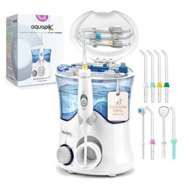Aquapik PRO Irrigador dental Irrigador Bucal sobremesa 10 niveles de presión 600 mL 8 boquillas water flosser IPX7 Impermeable Limpieza Dental Elimina la placa Protege las encías y cuida tu ortodoncia