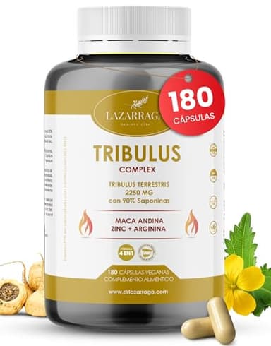 TRIBULUS TERRESTRIS POTENTE 4 EN 1 con Maca Andina + Arginina + Zinc | Vitaminas para el Cansancio para Hombres | Fuerza y Energía | 90% Saponinas | 180 Cápsulas Veganas | 2 Meses | Lazarraga
