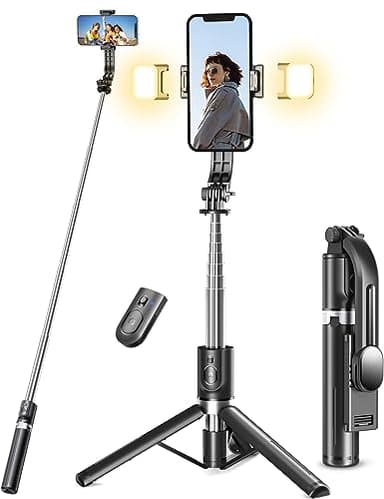 Palo Selfie Trípode Mejorado - 2 Luces de Relleno, Tripode para Movil 114 CM Extra Largo con Control Remoto Desmontable, Compatible con la Mayoría de Teléfonos iPhone, Samsung