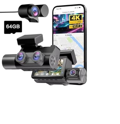 Frvesroe Dashcam Cámara Coche 4K+1080P+1080P, 3 Canales Dash CAM Coche con Tarjeta SD de 64GB, GPS y WiFi 6, Monitor de Aparcamiento 24h Camara Coche, Visión Nocturna HDR/WDR, Grabación de Bucle (V1)