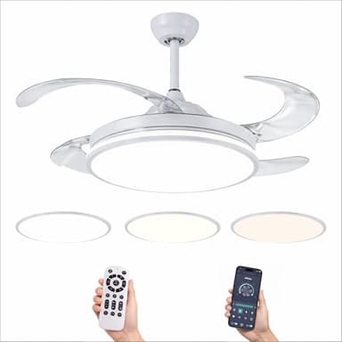 Ventilador de Techo Led 72W, Regulable en Intensidad y en Tono de Luz de Fria a Cálida, 4 Aspas Retráctiles, Mando a Distancia y APP para Móvil, Motor DC Ultra Silencioso, 6 Velocidades (blanco)