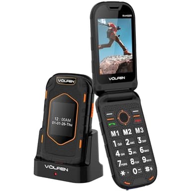 Volfen Ranger - Teléfono Robusto de Tapa para Personas Mayores de Doble Pantalla, Botones y Teclas Grandes, Fácil de Usar, USB-C, 3 Memorias Directas, Base de Carga, Negro/Amarillo
