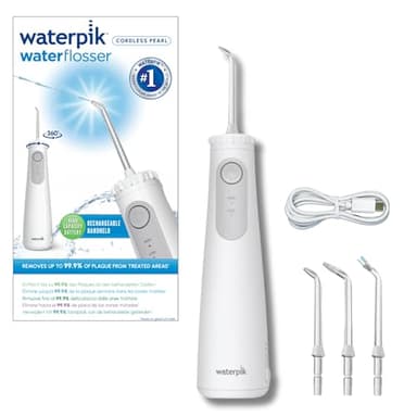 Irrigador dental Waterpik Cordless Pearl, irrigador bucal portátil y recargable, limpia entre dientes, elimina placa, resistente al agua, ideal para viajes y baños pequeños, blanco