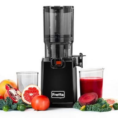 Fretta extractor de zumos y verduras,Exprimidor de Frutas y Verduras de 1,8 Litros con Triple Filtro,250W,fácil de instalar,desmontar y limpiar,Base de acero inoxidable (Carbon Black)