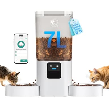 Doble Comedero Gato Automatico Wifi: 7L Dispensador Comida Gatos con Alimentación Lenta y Control por Aplicación, Comedero Perro Automatico con Alexa para Varias Mascotas, Desmontable para su limpieza