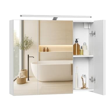 VASAGLE Kailyn Colección - Armario de Baño de Pared con 3 Puertas con Espejo e Iluminación, Estantes Ajustables, Estilo Moderno, 15 x 70 x 60 cm, Blanco Nube BBK139WB01