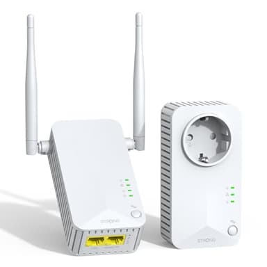 STRONG AV600 Adaptador Powerline WiFi con Enchufe, PLC HomePlug AV2, WiFi 300 Mbit/s, Plug & Play, Modo de Ahorro de Energía, Puertos LAN 100 Mbit/s, Ideal para TV (POWERLWF600DUOEUV2)