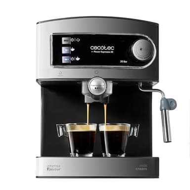 Cecotec Cafetera Express Manual Power Espresso 20. 850W, Presión 20 Bares, Depósito de 1,6L, Brazo Doble Salida, Vaporizador, Superficie Calientatazas, Acabados en Acero Inoxidable