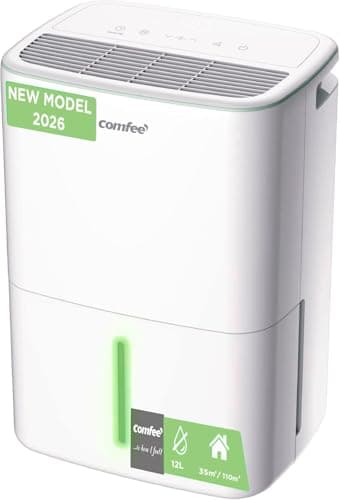 COMFEE' Deshumidificador de Humedad 12L Silencioso | Modo Secado de Ropa y AUTO - Deshumificador Compacto y de Bajo Consumo con Drenaje Dual | Ideal en habitaciones hasta 35m2/110m3 - Aqua Dry 2026