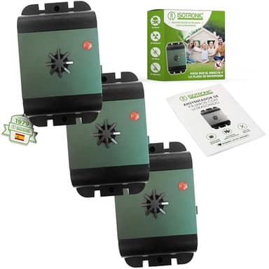 ISOTRONIC® - Repelente para pájaros y Rayos ultrasónicos, Repelente contra Palomas gaviotas y Otros Animales, para protección de árboles frutales, 3 Piezas
