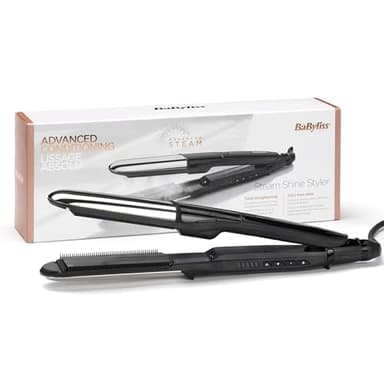 BaByliss Styler Steam Shine ST496E Plancha de pelo con vapor Alisa y Ondula, Placa exterior curva para ondular, Iónica, Peines removibles - Alisado profesional, Cabello hidratado y protegido