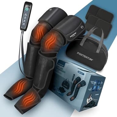 PORTENTUM Botas de presoterapia para casa con calor regulable – Masajeador piernas con 5 niveles de compresión de aire – Mando – Alivia piernas cansadas y mejora la circulación – Bolsa transporte