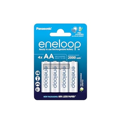 eneloop, Pilas Recargables AA/Mignon, Paquete de 4, Capacidad de mín. 2000 mAh, Pilas Ni-MH, Listas para Usar, Recargables hasta 2000 Veces, Embalaje sin plástico, Standard, Blancas
